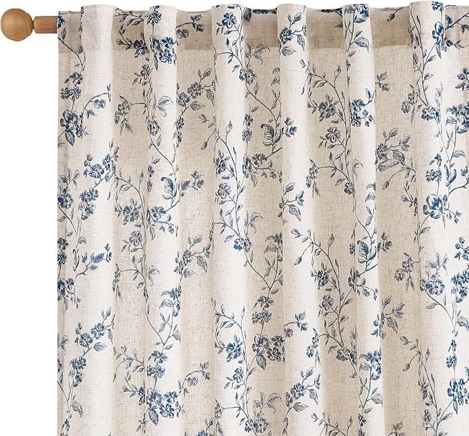 Lazzzy Blue Floral Linen Curtains 84 Inch Length Farmhouse Curtain Back Tab by Lazzzy