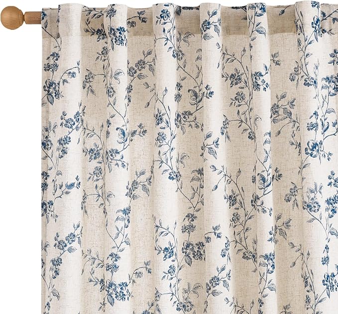 Lazzzy Linen Farmhouse Curtains Blue Floral Curtains 63 Inch Length Back Tab by Lazzzy