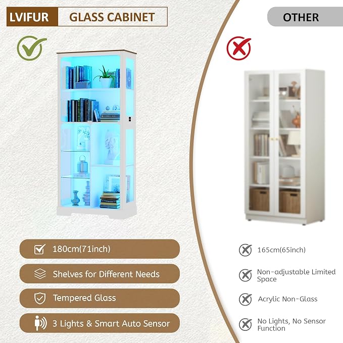 71” Display Cabinet with Glass Doors, Modern Curio Cabinet with 3 Color Lights - Image 7