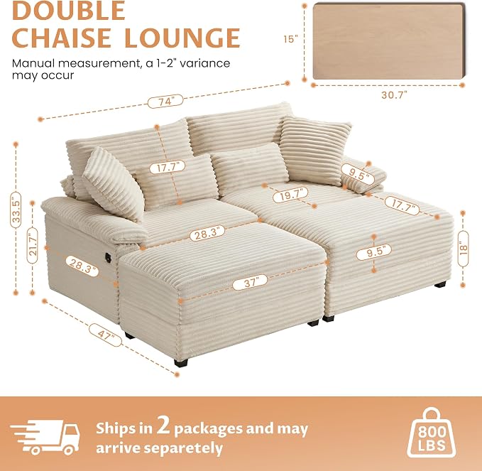 SUNWAVE 74" W Double Chaise Lounge Chair Indoor, Oversized Loveseat - Image 2