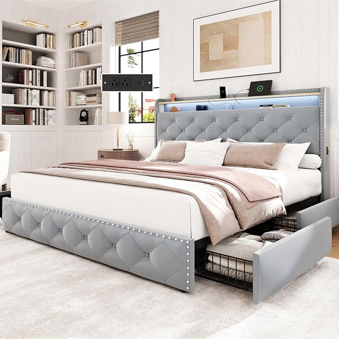 LARMACE King Size Bed Frame Velvet Upholstered LED Tufted King Platform Bed and by LARMACE