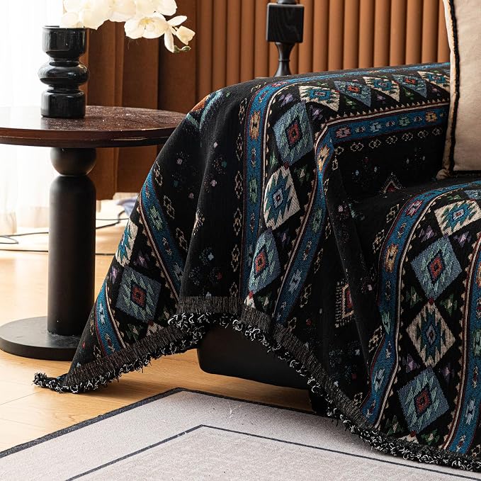 VClife Bohemian Couch Cover, Vintage Moroccan Tribal Geometric Chenille Couch - Image 8
