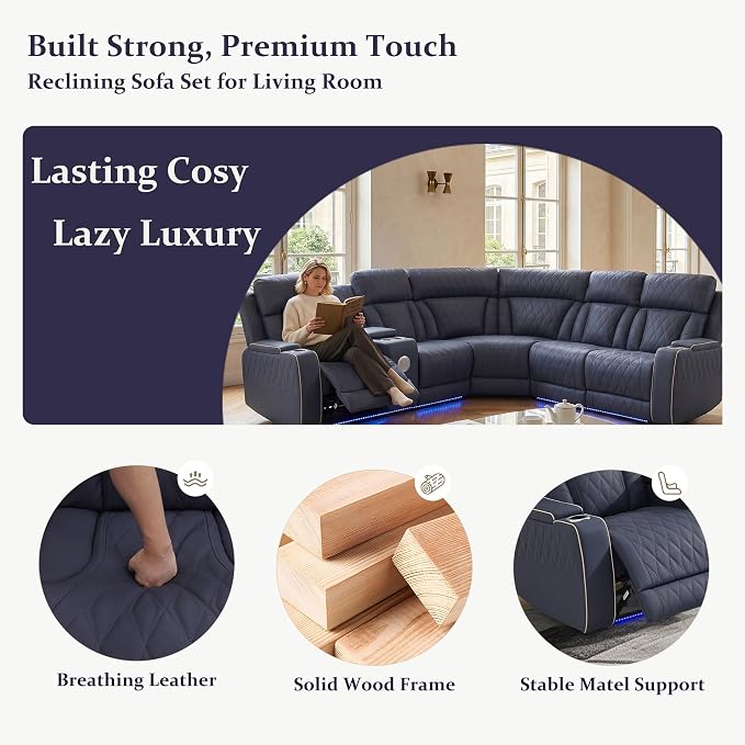 Power Recliner Sectional Sofa, L-Shaped Living Room Furniture Set, Reclining - Image 5