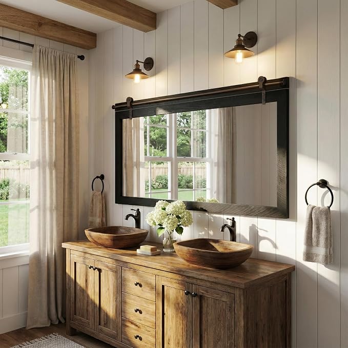 27"x49" Large Black Barn Door Mirror, Solid Wood Framed Accent Wall Mirror - Image 9