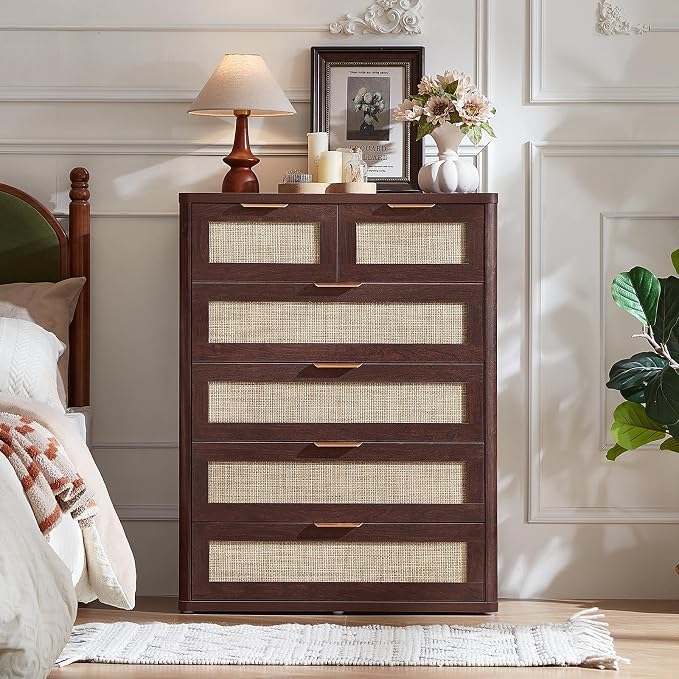 LEYAOYAO Dresser for Bedroom, Modern 6 Drawers Boho Rattan Dressers - Image 3