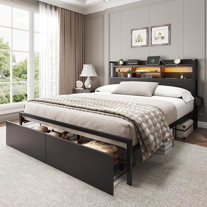 Furnulem Queen Bed Frame with Wood Headboard and Storage Shelf, Metal Platform - Image 8