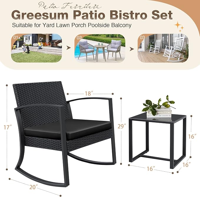 Greesum 3 Pieces Outdoor Furniture Set Patio Bistro Rocking Chairs - Image 4