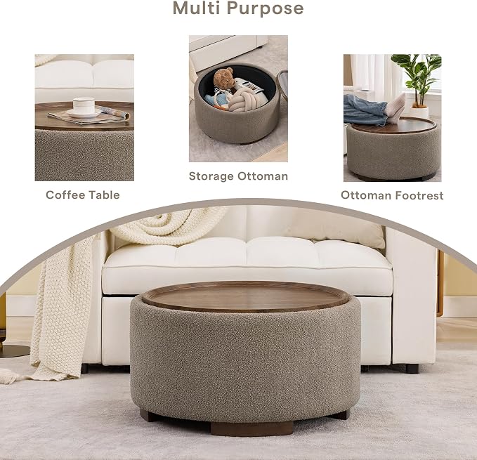 29.5 Inch Round Storage Ottoman Coffee Table, Modern Circle Coffee Table - Image 8