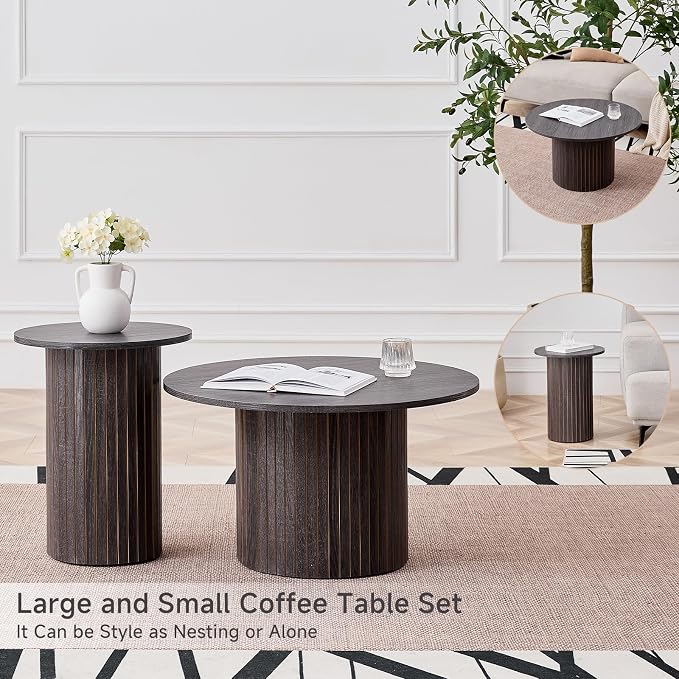 Round Nesting Coffee Table Set of 2 Mid Century Modern Wood Round Coffee Tables - Image 5