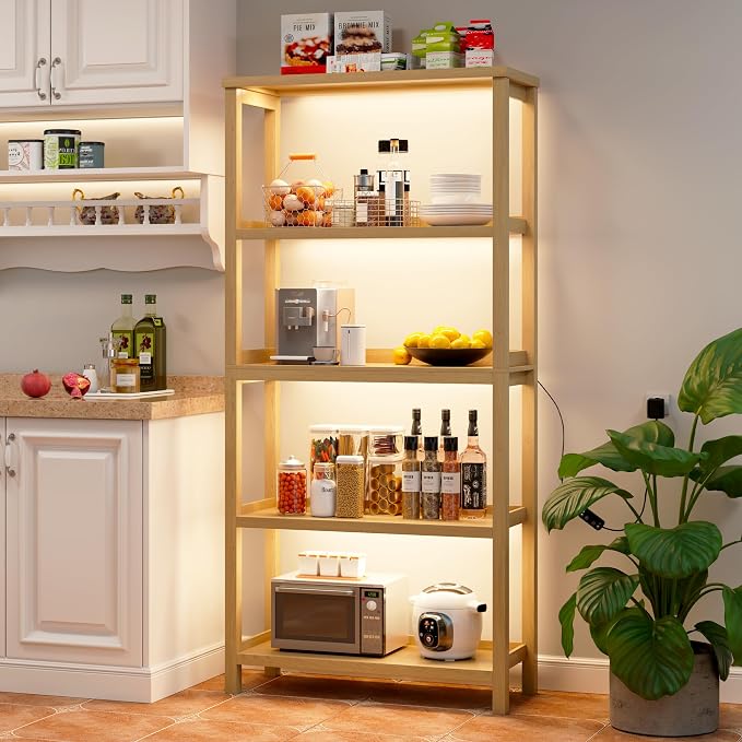 Vlsrka Wooden Bookshelf with Lights, 5 Tier Bookshelf with Storage, Tall - Image 3