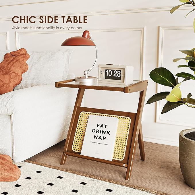 Bamworld Rattan Side Table Boho NightStand Mid Century Modern End Table Glass - Image 5