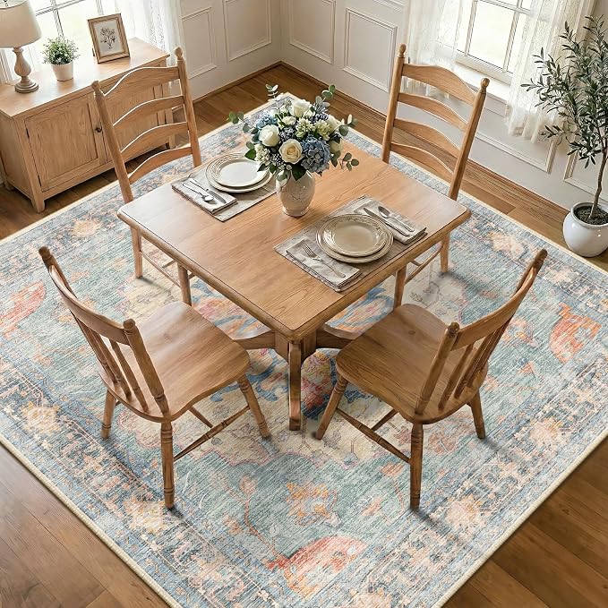 RELEANY Area Rugs Square 8ft Washable Non-Slip, Floral Vintage Distress Print - Image 2