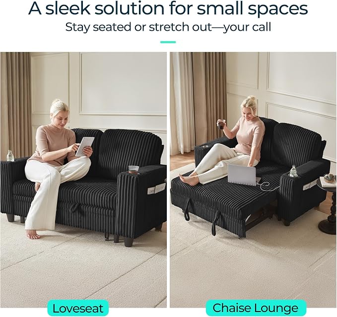 LINSY HOME Loveseat Sofa with Pull Out Couch Chaise: 2-in-1 Convertible 2 - Image 4