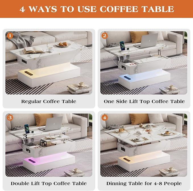 SYESWAY 39.4” Modern High Gloss Marble Lift Top Coffee Table - Image 7
