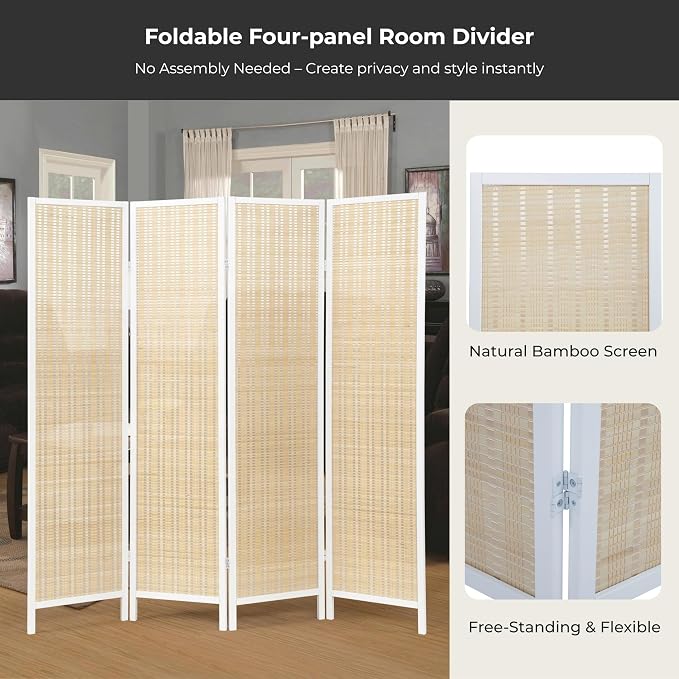 Roundhill Furniture Inkwell 4-Panel Bamboo Room Divider, Folding Portable - Image 4