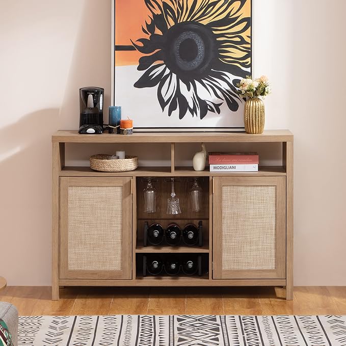 SICOTAS Rattan Coffee Bar Cabinet, Boho Liquor Wine Cabinet Set of 2 Credenza - Image 10