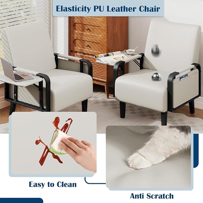 Andeworld Modern Beige Accent Chair Set of 2, PU Leather Upholstered Armchair - Image 4