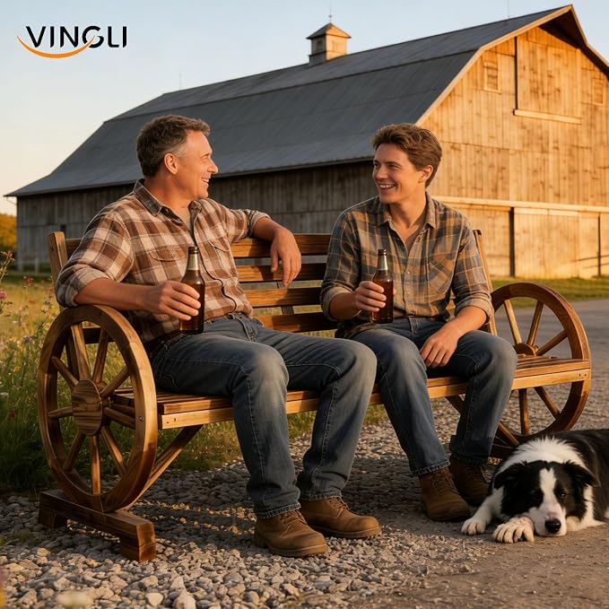 VINGLI Rustic Wooden Wheel Bench Outdoor Bench, Patio Bench Wagon Slatted Seat - Image 2