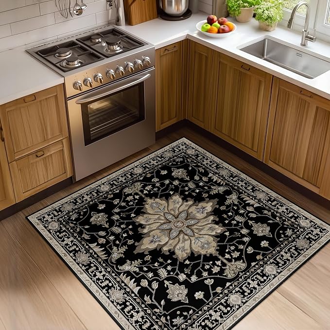 RELEANY Area Rugs Square 4ft Washable Non-Slip, Floral Vintage Distress Print by RELEANY
