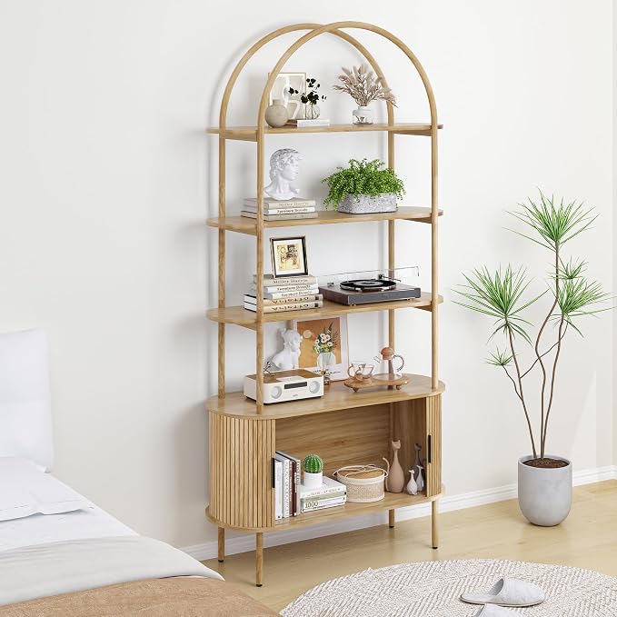 79" Tall Arched Bookshelf with Sliding Tambour Doors, Mid Century Modern Curved - Image 3