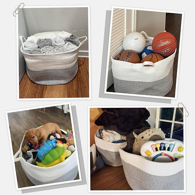 INDRESSME Large Storage Basket, 21.7'' x 13.8'' Cotton Rope Blanket Basket - Image 4