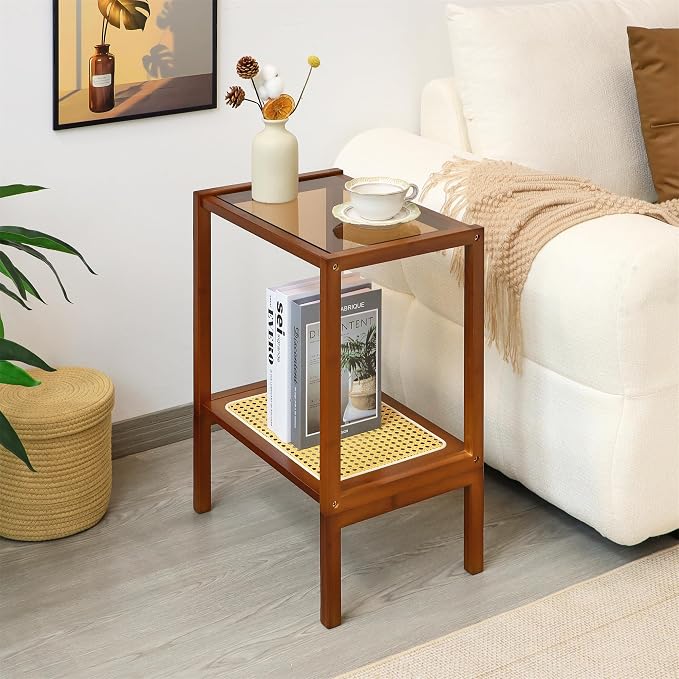 2-Tier Bamboo Side Table, Modern Glasstop Rattan Side Table, Mid Century Wood - Image 8