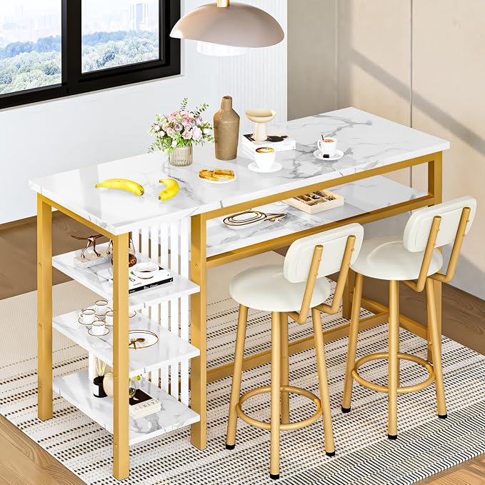 AWQM 3-Piece Bar Table and Chairs Set, Modern White Faux Marble Table - Image 6