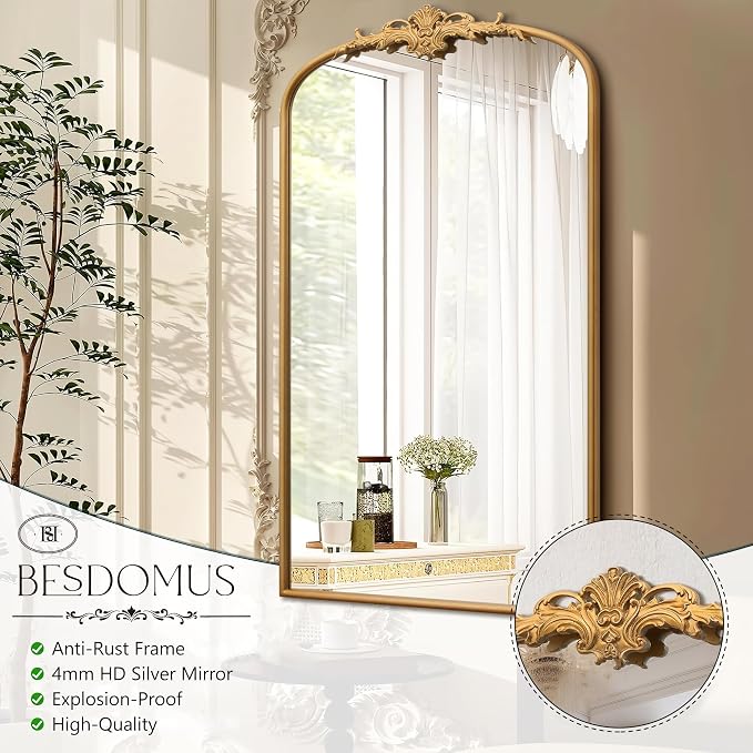 Besdomus Large Vintage Arched Mirror: 24"x42" French Arch Gleaming Gold Antique - Image 7