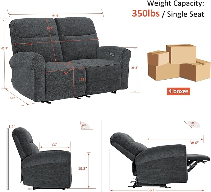 MCombo 64.6" Wall Hugger Power Loveseat Recliner Sofa - Image 3