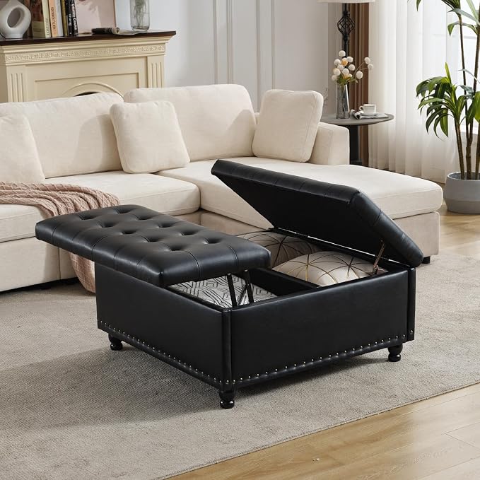 Tbfit Large Square Storage Ottoman Bench, Tufted Upholstered Coffee Table by TBfit