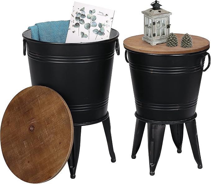 RUSTOWN Farmhouse Side Tables Set of 2, Galvanized Metal Bucket End Table by RUSTOWN