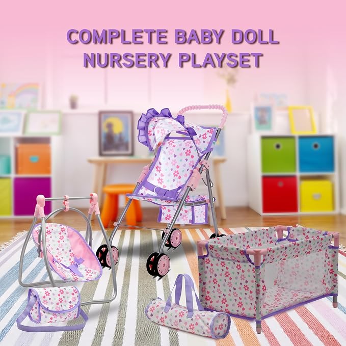 Baby Doll Stroller Bed and Swing Nursery Playset, Baby Doll Accessories - Image 5