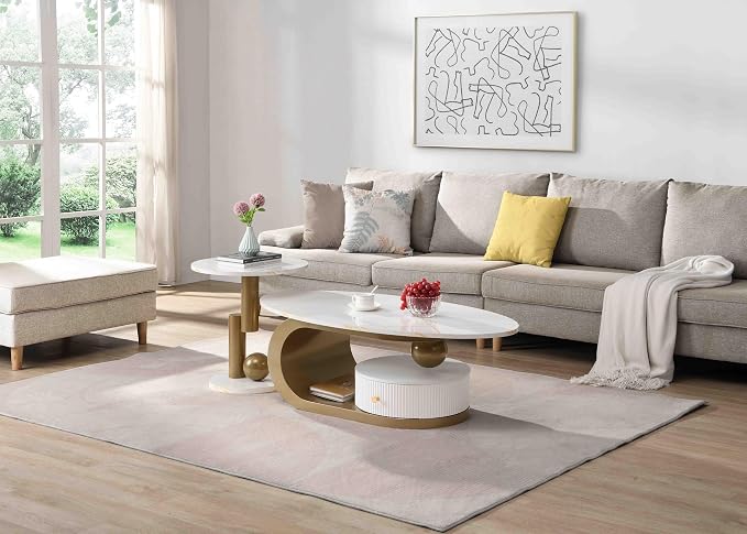 Modern Oval Coffee Table Set of 2, Faux Marble Coffee Table and Round End Table - Image 9