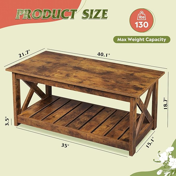 WLIVE Farmhouse Coffee Table for Living Room, 40.1" Rustic Center Table - Image 3