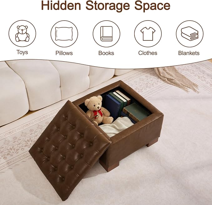 WUTUTUEE 24" Faux Leather Square Storage Ottoman - Image 7