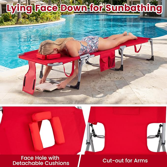 Goplus Tanning Chair, Folding Adjustable Patio Lounger w/Face Arm Holes - Image 4