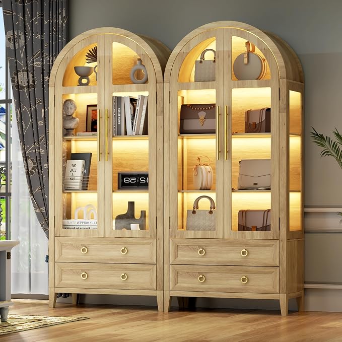 Arched Curio Cabinet with Glass Doors, 4-Tier Display Cabinet with 2 Drawers - Image 9