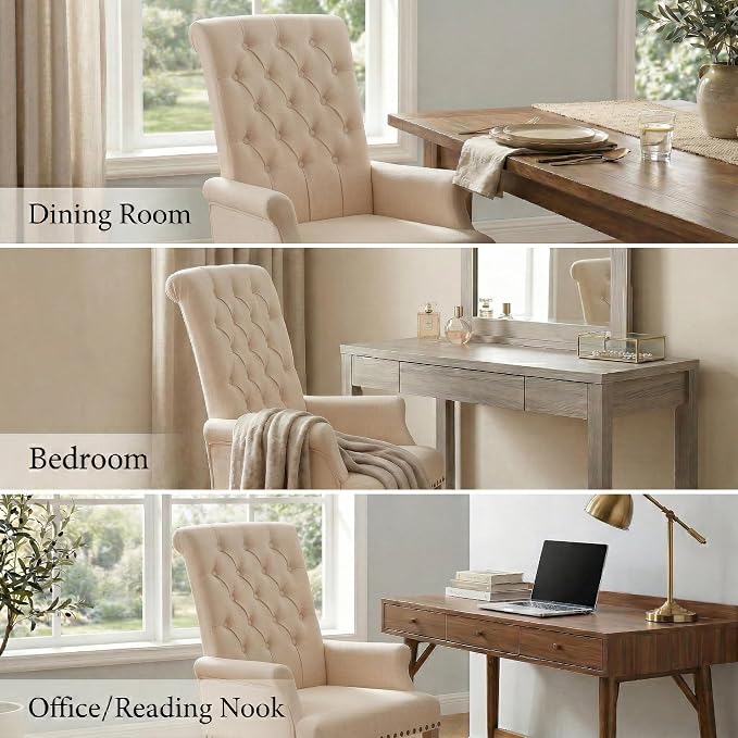 Modern Backrest Cushioned Dining Chair, Button Decorated Armrest Linen Chair - Image 4