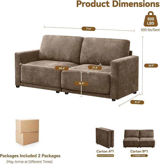 77.4" Chenille Modular Loveseat Oversized Upholstered 2 Seater Sectional Sofa - Image 2