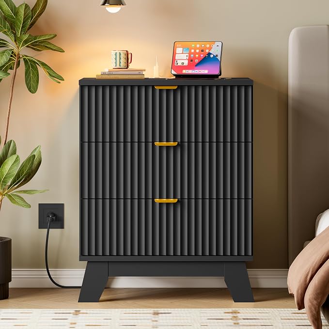 BORNOON 30.5" Nightstand with Charging Station, 3-Drawer Fluted Bedroom Chest - Image 7