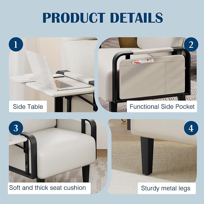Andeworld Modern Beige Accent Chair, PU Leather Upholstered Armchair Side Chair - Image 4