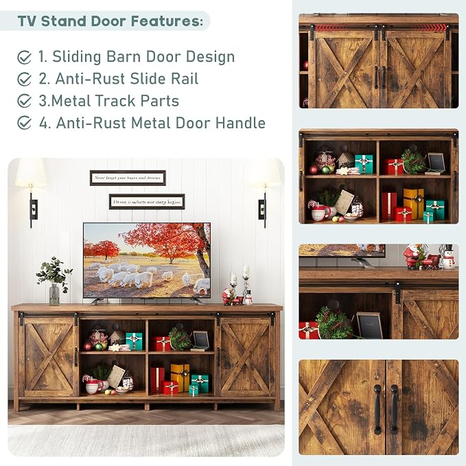 70" Farmhouse TV Stands for 70 75 80inch TV w/Adjustable Shelves, Sliding Barn - Image 4