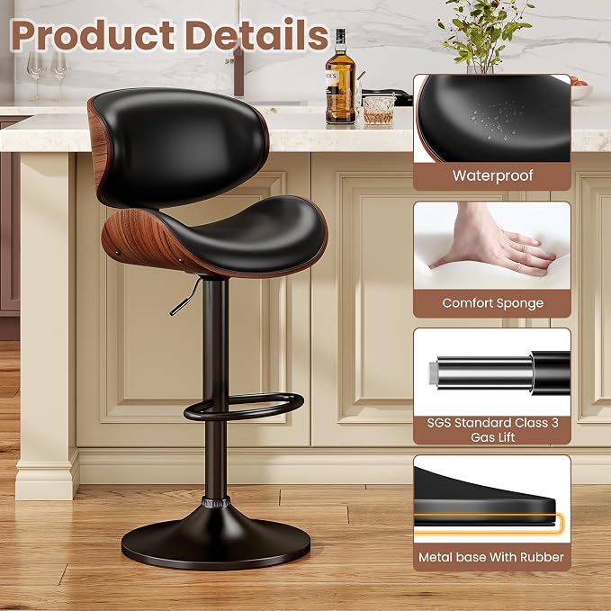 YaFiti Bar Stools Set of 3, Bentwood Adjustable Height Swivel Bar Stools - Image 5