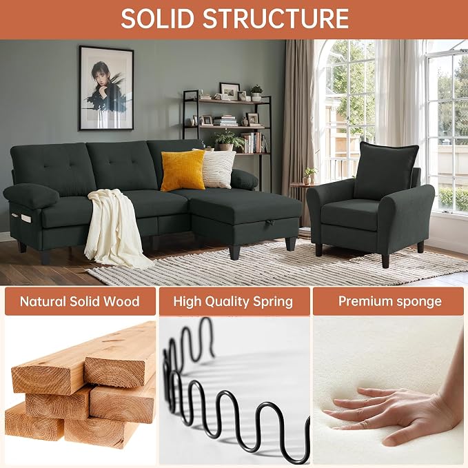 2PCS Sectional Sofa Set with Ottoman, Modern Linen 4 Seater Couch Set with Side - Image 4