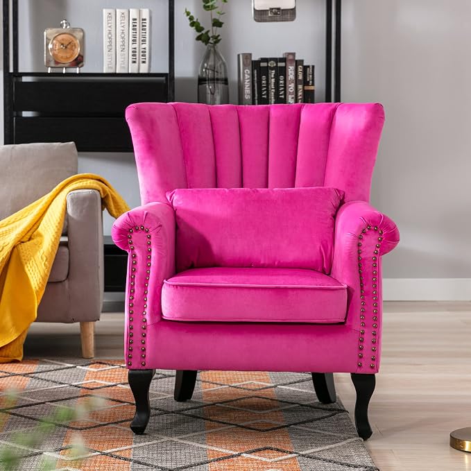 Mid Century Accent Chair Modern Tufted Wingback Armchair Club Chair Velvet - Image 2