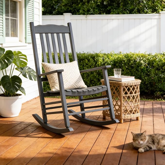 Outvita Outdoor Rocking Chair, Solid Wood High Back Rocker, All Weather Lounge - Image 2