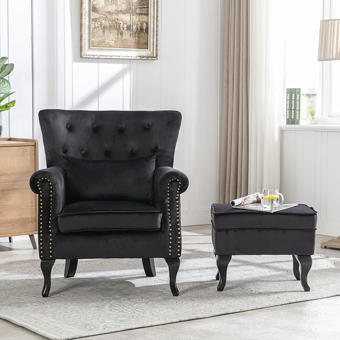 Accent Chairs with Ottoman Set of 2 Velvet Wingback Club Chair Upholstered - Image 2