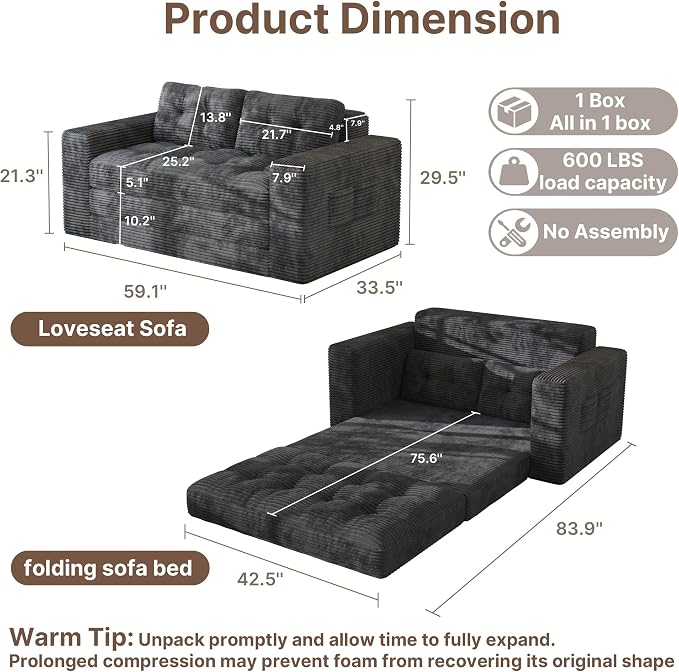 Gizoon Boneless Convertible Floor Sofa Bed, Corduroy 2 Seater Lounge Sleeper - Image 2