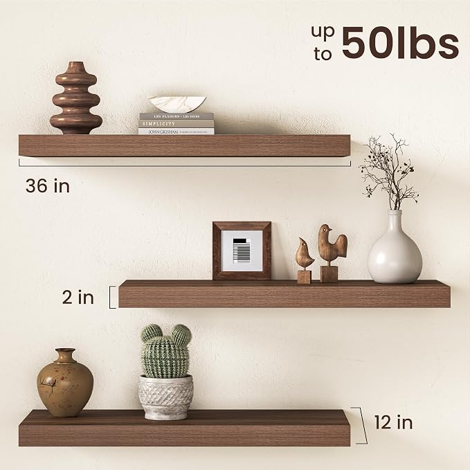 36Inch Walnut Floating Shelves for Wall, 12 Inch Deep Shelves for Bedroom - Image 3