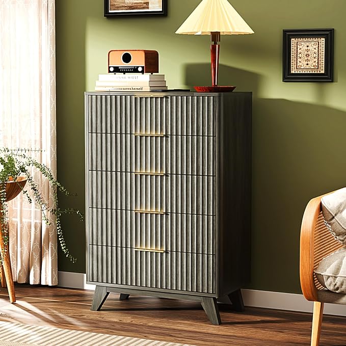 VINGLI Fluted Tall Dresser 5 Drawer Grey Chest of Drawers, Wood Dresser - Image 8